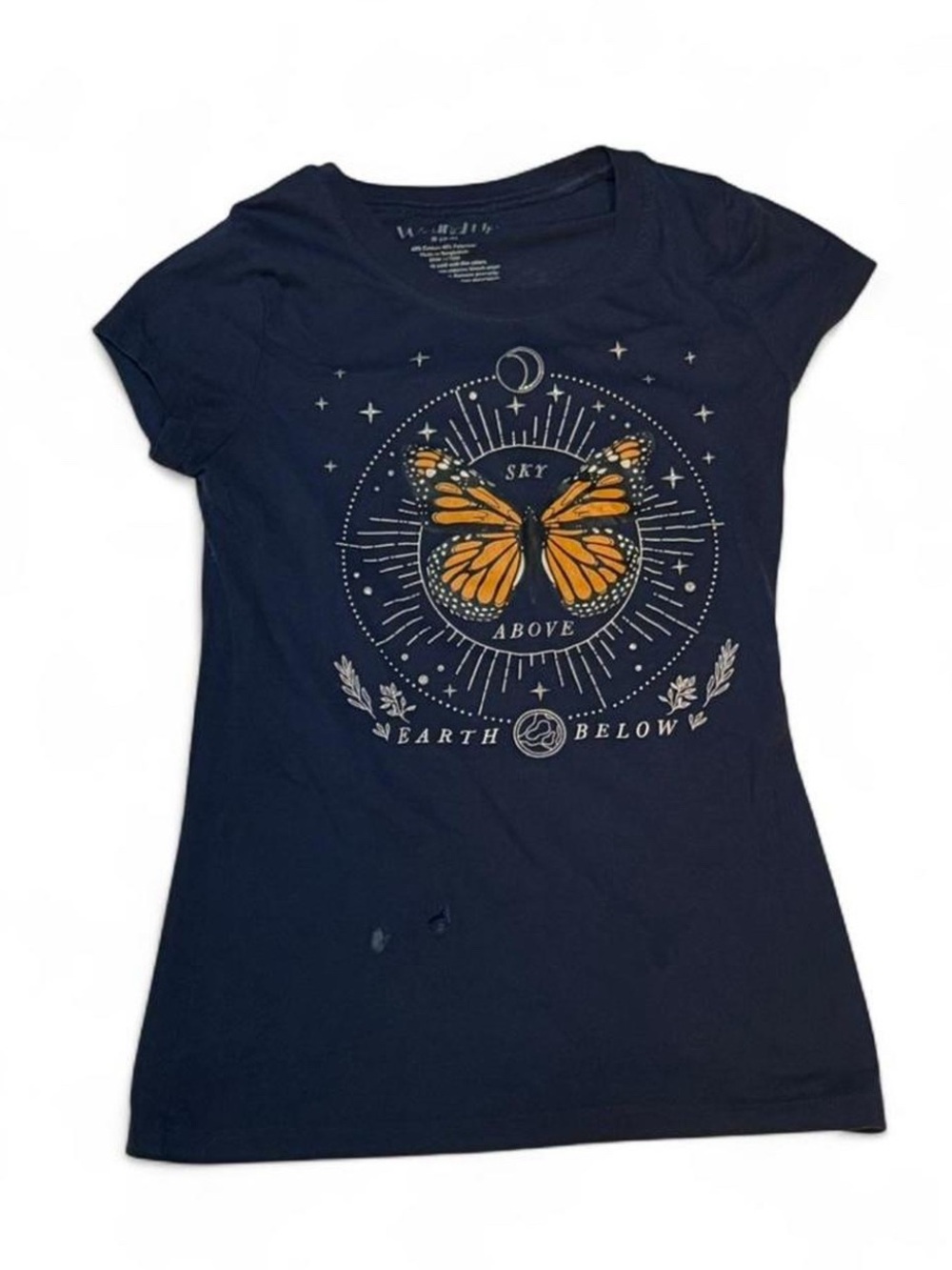 Wound Up Navy Tee with Orange Butterfly Graphic